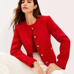 LOFT Red Tweed Structured Collarless Blazer